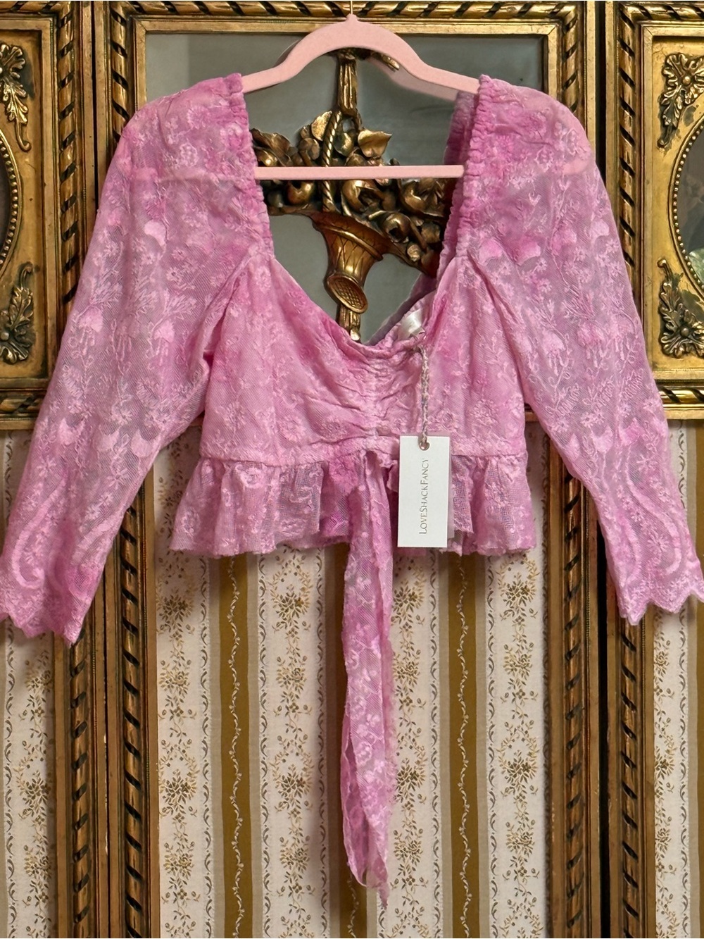 NWT LoveShackFancy Kennon Top Pink Sugar Bridal Lace Peplum Tie-Front 4 XS S